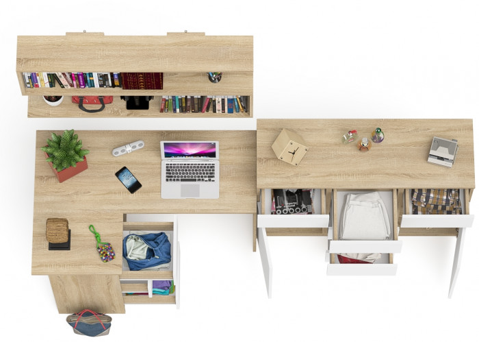 Мори компьютерный стол МС-16 левый + Комод МК1200.4 + Полка 1200, дуб сонома/белый