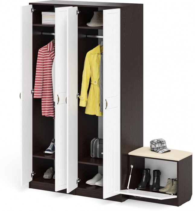 Прихожая П-6 Компоновка № 07, цвет венге/фасады МДФ белое дерево фрезеровка прованс, ШхГхВ 180х50х210 см., универсальная сборка