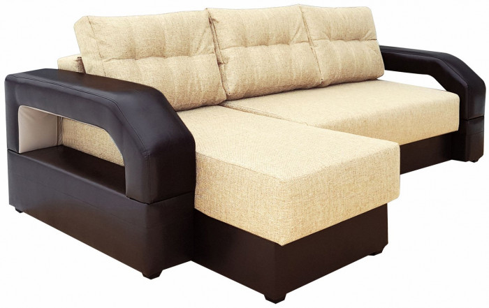 Диван-кровать раскладной еврокнижка, угловой Манчестер, с подсветкой, ширина спального места 160 см, рогожка/экокожа, бежевый