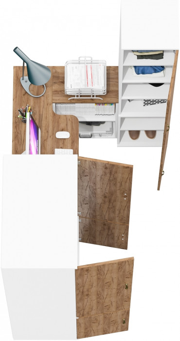 Лидер-8 Шкаф МД 19Б + Стол + Пенал 22Б, белый шагрень/крафт золото