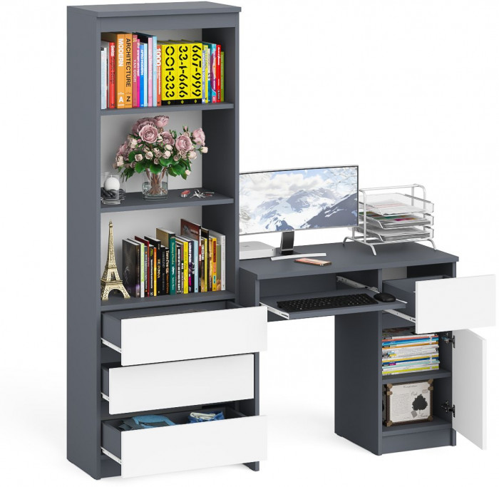 Мори компьютерный стол МС-1 правый + Стеллаж МСТ600.3, графит/белый