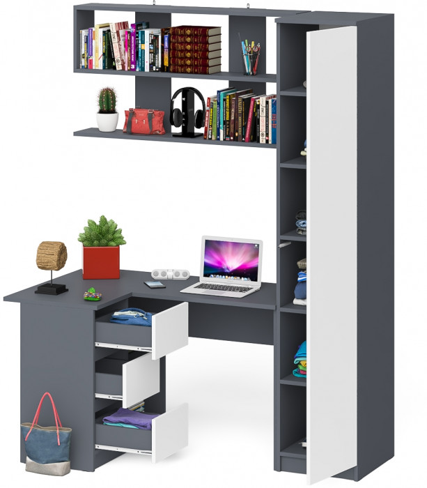 Мори компьютерный стол МС-16 левый + Пенал МШ400.1 + Полка 1200, графит/белый