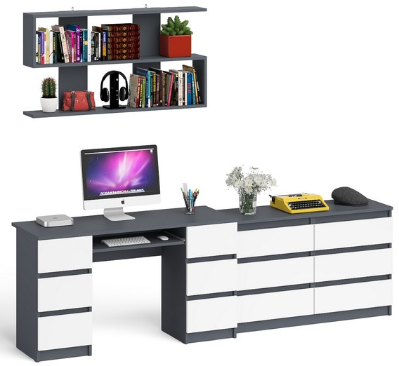 Мори компьютерный стол МС-2 + Комод МК1200.6 + Полка 1200, графит/белый