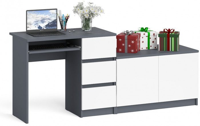 Мори компьютерный стол МС-6 правый + Тумба МА900.1, графит/белый