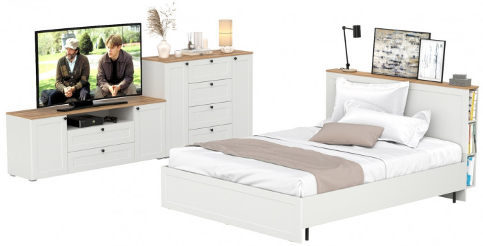 Остин 11.53 Кровать + ортопед + 16.47 Тумба под ТВ + 16.221 Комод, белый шагрень/дуб крафт золотой