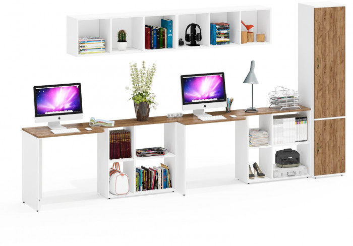 Лидер-8 Стол + Полка + Стол + Полка + Пенал МД 22Б, цвет белый шагрень/крафт золото, ШхГхВ 370х50/37,5х75/190 или 230х120/50х75/190 см., НЕ ун. сборка