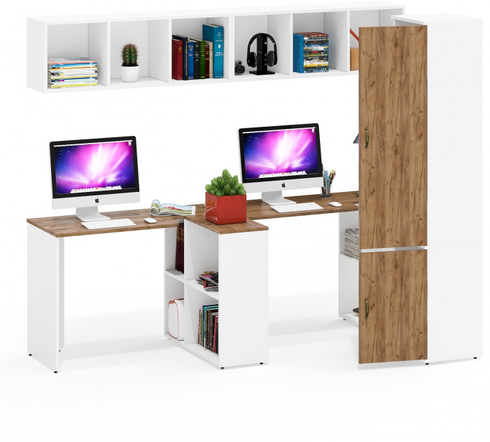 Лидер-8 Стол + Полка + Стол + Полка + Пенал МД 22Б, цвет белый шагрень/крафт золото, ШхГхВ 370х50/37,5х75/190 или 230х120/50х75/190 см., НЕ ун. сборка