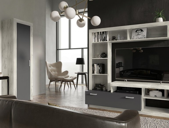 Гостиная Ангара Графит/дуб крафт белый