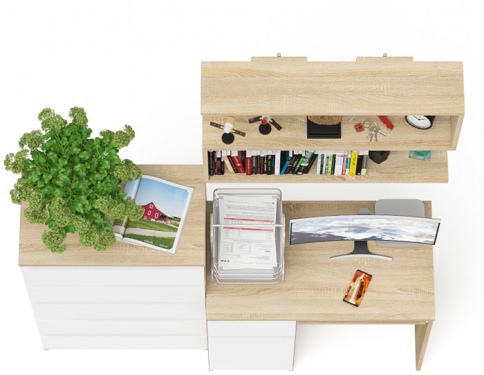 Мори Стол компьютерный МС-1 левый + Комод МК700.5 + Полка 900, цвет дуб сонома/белый, ШхГхВ 160,4х50х209,6 см., НЕ универсальная сборка
