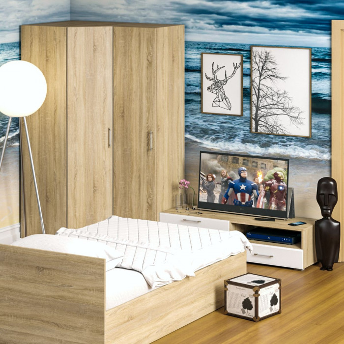Спальня Стандарт 4-1200, дуб сонома/фасады ТВ тумбы МДФ белый глянец
