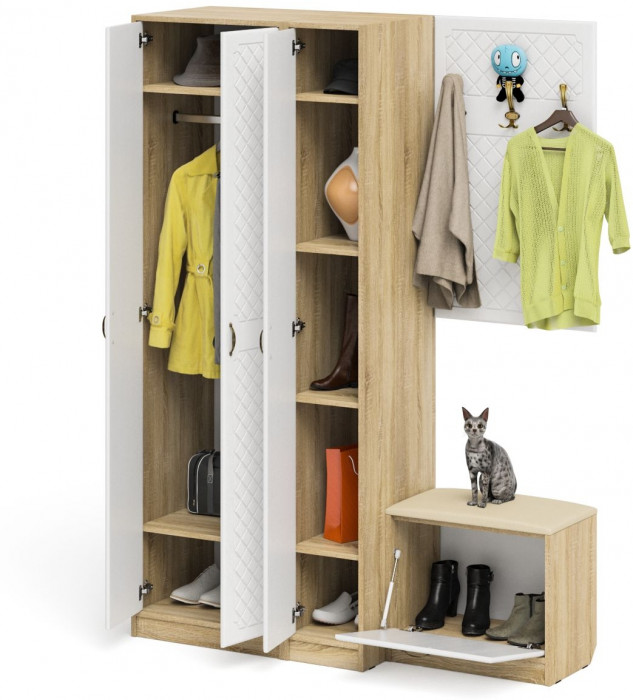 Прихожая П-6 Компоновка № 47, цвет дуб сонома/фасады МДФ белое дерево фрезеровка ромб, ШхГхВ 150х50х210 см., универсальная сборка