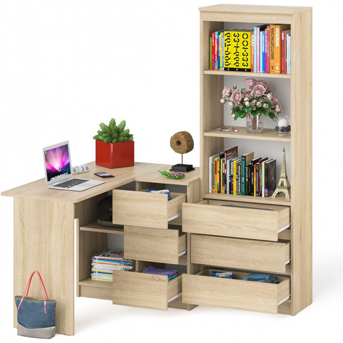 Мори компьютерный стол МС-16 правый + Стеллаж МСТ600.3, дуб сонома