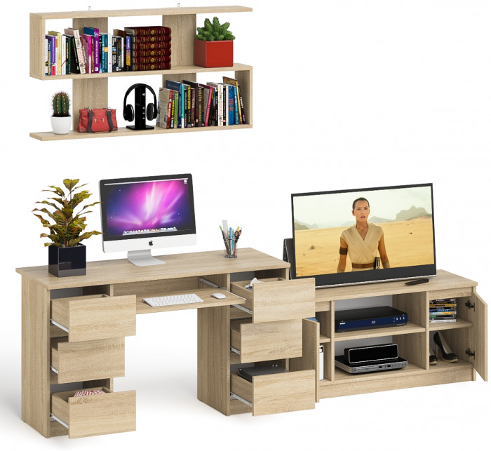 Мори компьютерный стол МС-2 + Тумба МТВ1200.1 + Полка 1200, дуб сонома
