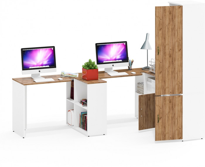 Лидер-8 Стол + Стол + Пенал МД 21Б + Тумба МД 3.19, цвет белый шагрень/крафт золото, ШхГхВ 410х50/37,5х75/190 или 230х160/50х75/190 см., НЕ ун. сб.