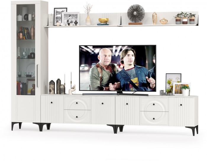 Валенсия Гостиная № 080, цвет ЛДСП белый шагрень/МДФ белый шагрень, ШхГхВ 321,2х38,3х225,2 см., универсальная сборка