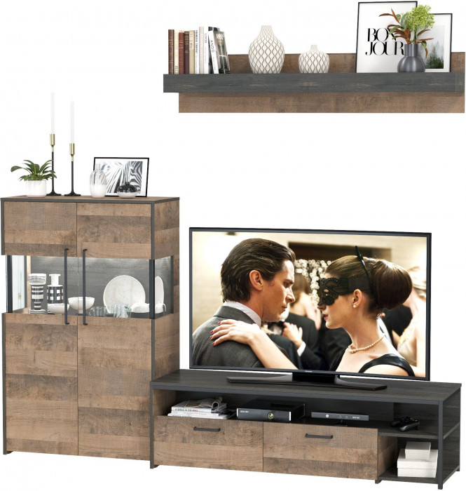 Трувор 13.70 Тумба под ТВ + 13.306 Комод с витриной + 15.60 Полка, цвет дуб гранж песочный/интра, ШхГхВ 235,6х45,4х195 см., универсальная сборка