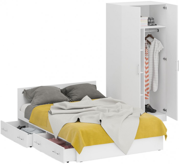 Кровать с ящиками 1400 + Шкаф 2-х створчатый Стандарт, цвет белый, ШхГхВ 143,5х203,5х70 + 90х52х200 см., сп.м. 1400х2000 мм., б/м, основание есть