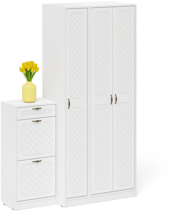 Прихожая П-6 Компоновка № 48, белая шагрень/фасады МДФ белое дерево фрезеровка ромб