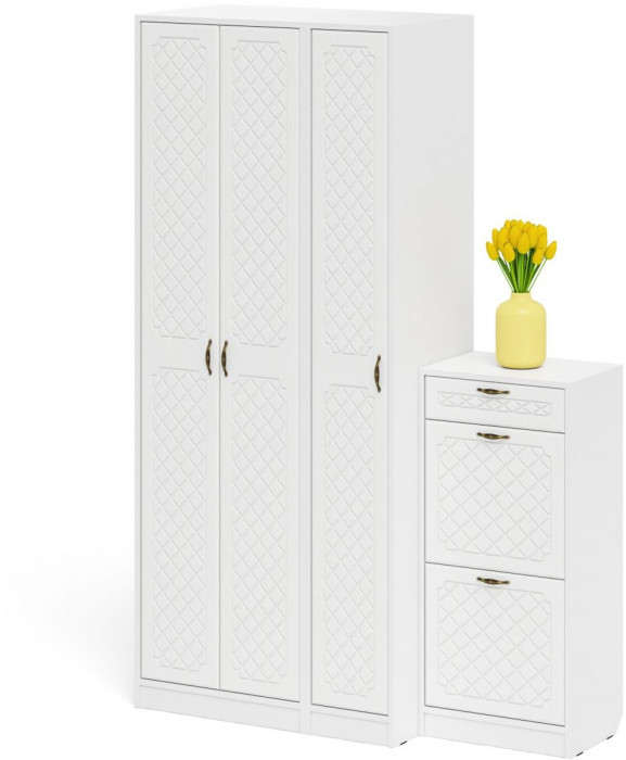 Прихожая П-6 Компоновка № 48, белая шагрень/фасады МДФ белое дерево фрезеровка ромб