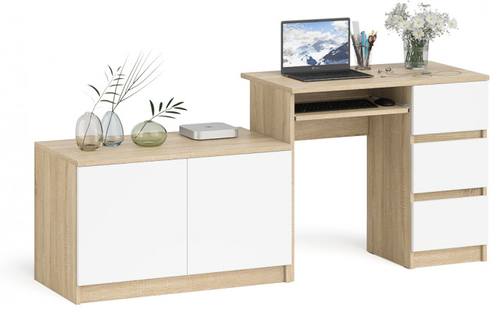 Мори компьютерный стол МС-6 правый + Тумба МА900.1, дуб сонома/белый