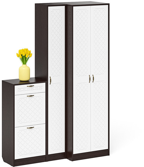 Прихожая П-6 Компоновка № 28, цвет венге/фасады МДФ белое дерево фрезеровка ромб, ШхГхВ 140х50х210 см., универсальная сборка