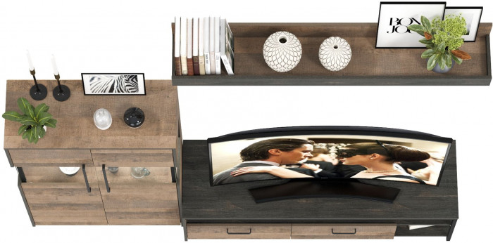 Трувор 13.70 Тумба под ТВ + 13.306 Комод с витриной, цвет дуб гранж песочный/интра, ШхГхВ 235,6х45,4х135,3 см., универсальная сборка