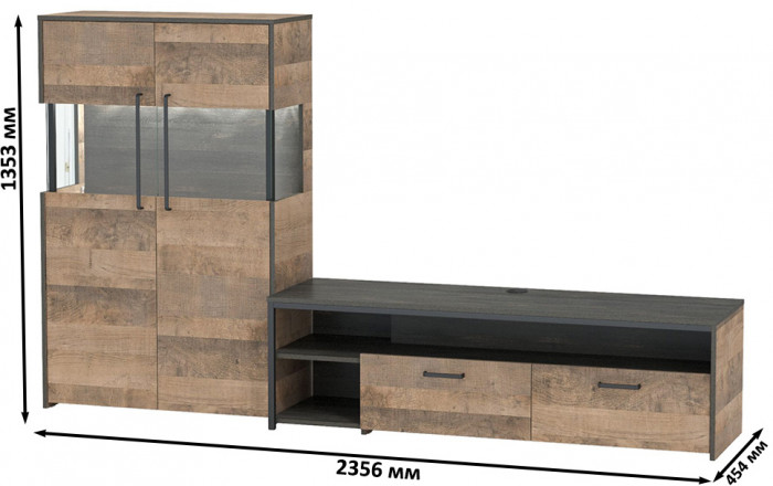 Трувор 13.70 Тумба под ТВ + 13.306 Комод с витриной, цвет дуб гранж песочный/интра, ШхГхВ 235,6х45,4х135,3 см., универсальная сборка
