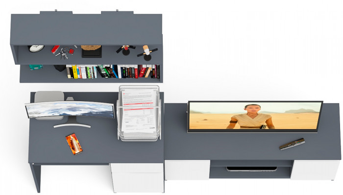 Мори компьютерный стол МС-1 правый + Тумба МТВ1200.1 + Полка 900, графит/белый