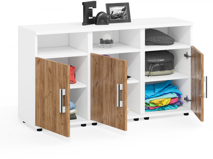 Три тумбы прикроватных Бонус, цвет корпус белый шагрень/фасады крафт золотой, ШхГхВ 120х35х66 см. (Тумба прикроватная Бонус), универсальная сборка