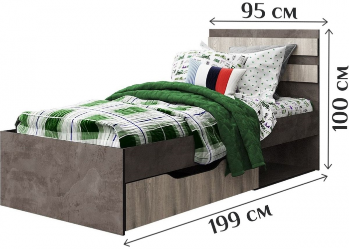 Кровать односпальная 90х200 с ящиком "Лондон" - Оникс/Бетон пайн светлый