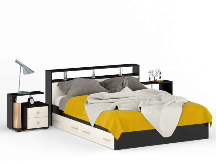 Камелия Кровать с ящиками 1600 + две тумбы, цвет венге/дуб лоредо, ШхГхВ 276х217х78,2 см., сп.м. 1600х2000 мм., без матраса, основание есть