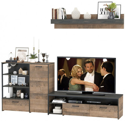 Трувор 13.70 Тумба под ТВ + 13.307.01 Комод + 15.60 Полка, цвет дуб гранж песочный/интра, ШхГхВ 258,8х45,4х195 см., универсальная сборка