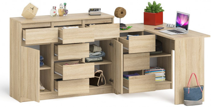 Мори компьютерный стол МС-16 левый + Комод МК1200.4, дуб сонома