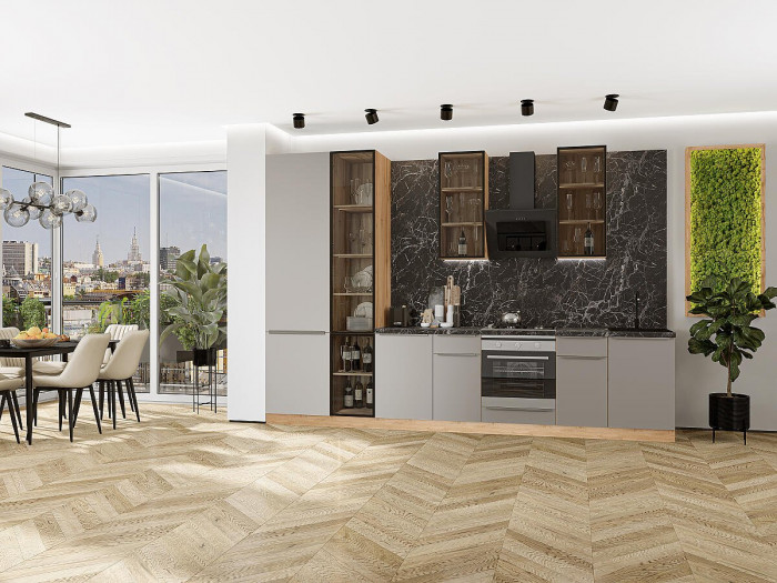 Кухонный гарнитур Фьюжн-08, МДФ, 340 см, Вотан/Глиняный шелк (Мрамор черный)