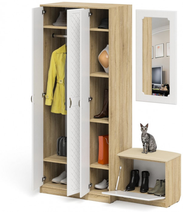 Прихожая П-6 Компоновка № 46, цвет дуб сонома/фасады МДФ белое дерево фрезеровка ромб, ШхГхВ 150х50х210 см., универсальная сборка