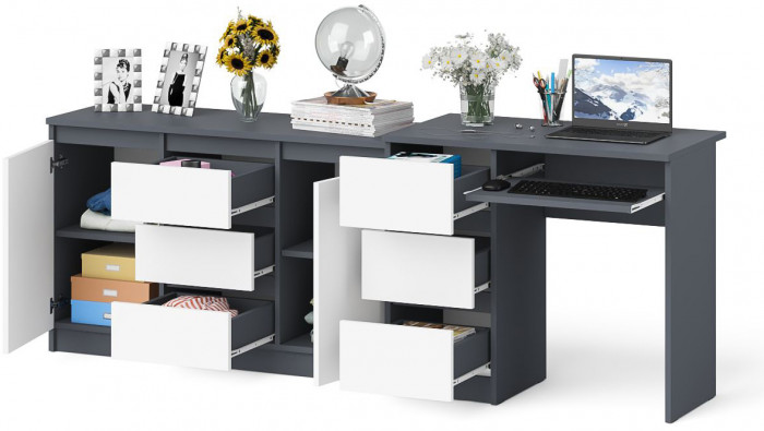 Мори Стол компьютерный МС-6 левый + Комод МК1200.3, цвет графит/белый, ШхГхВ 210,4х50х76,6 см., выдвижные ящики слева, НЕ универсальная сборка