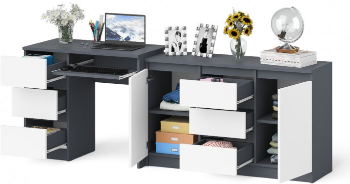 Мори Стол компьютерный МС-6 левый + Комод МК1200.3, цвет графит/белый, ШхГхВ 210,4х50х76,6 см., выдвижные ящики слева, НЕ универсальная сборка