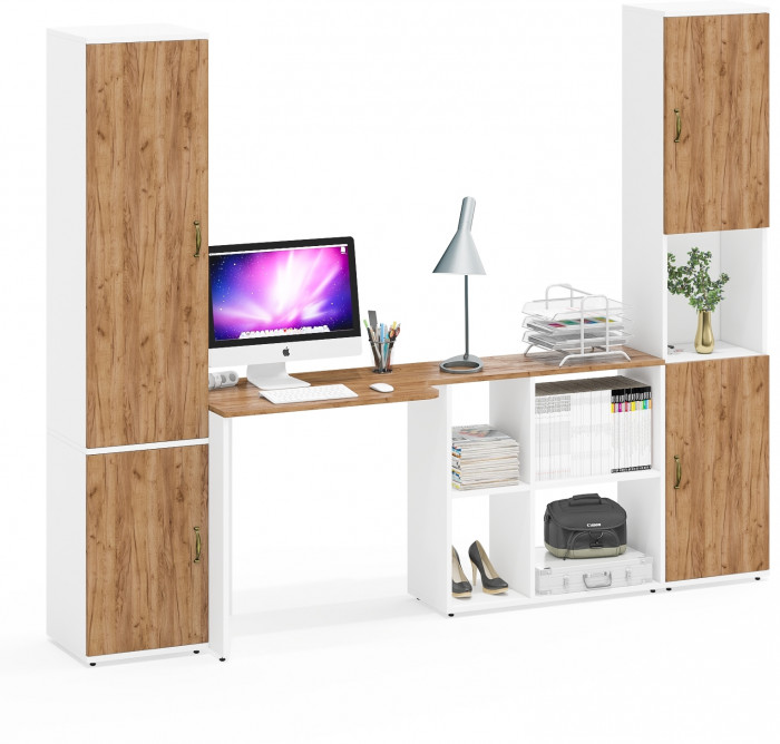 Лидер-8 Пенал МД 21Б + Стол + Пенал, белый шагрень/крафт золото